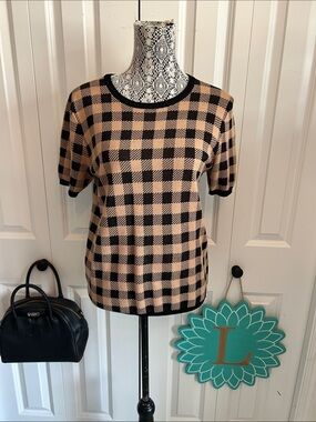 Ann Taylor, large petite gingham knit, short sleeve sweater, top, black and tan